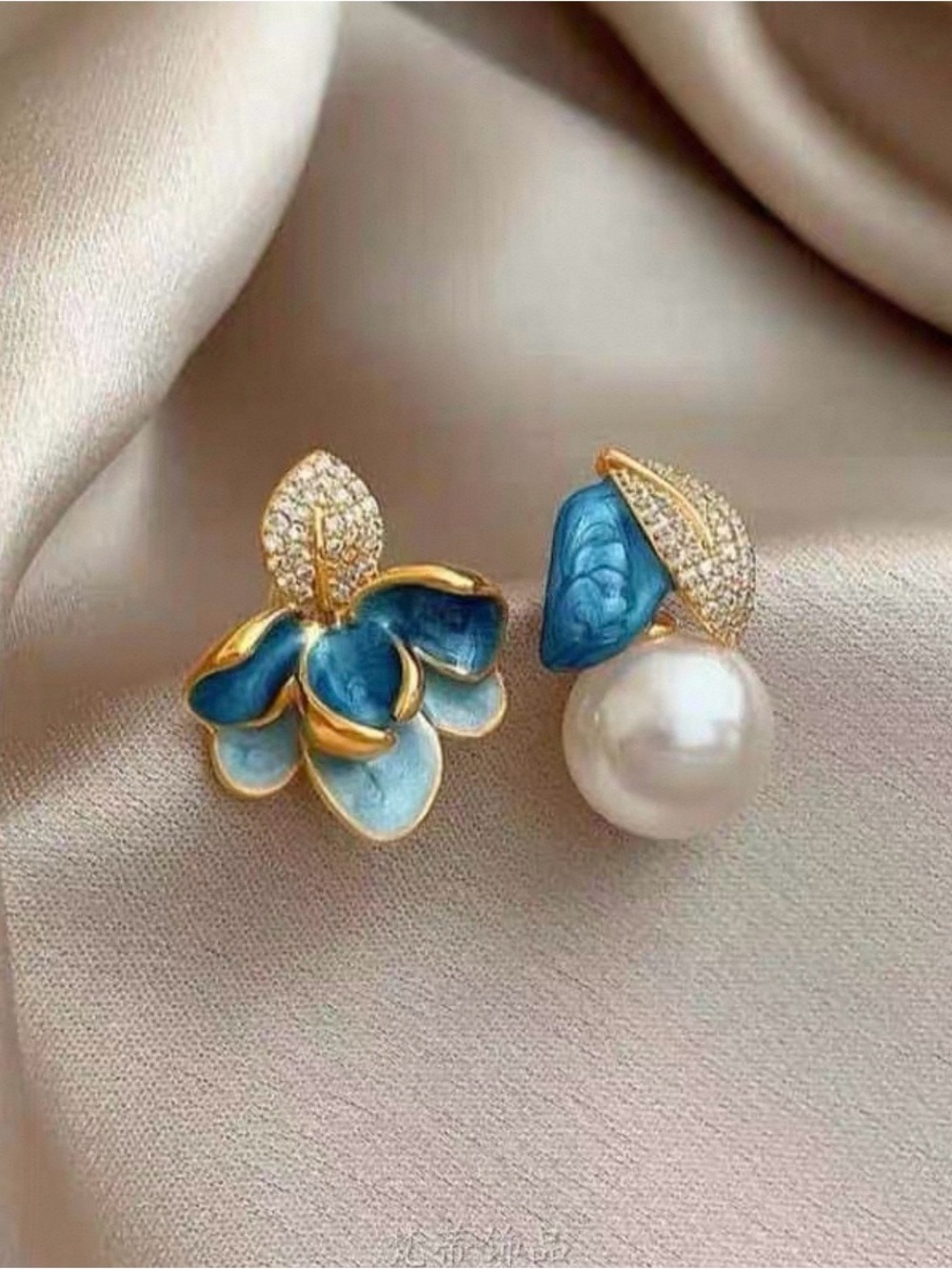 Blue Floral Pearl Drop Earrings - Gold Tone